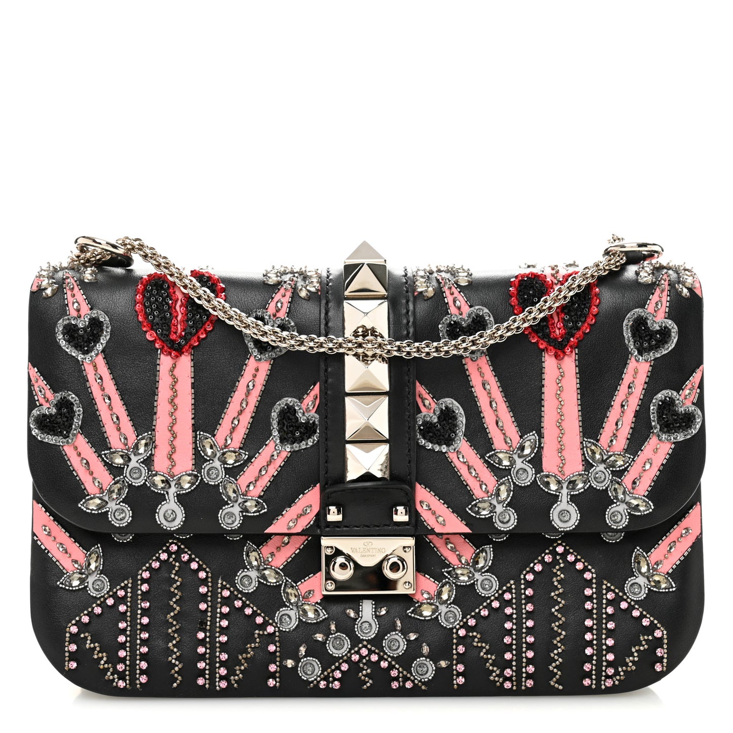 Vitello Crystal Loveblade Embellished Medium Glam Lock Rockstud Flap Black