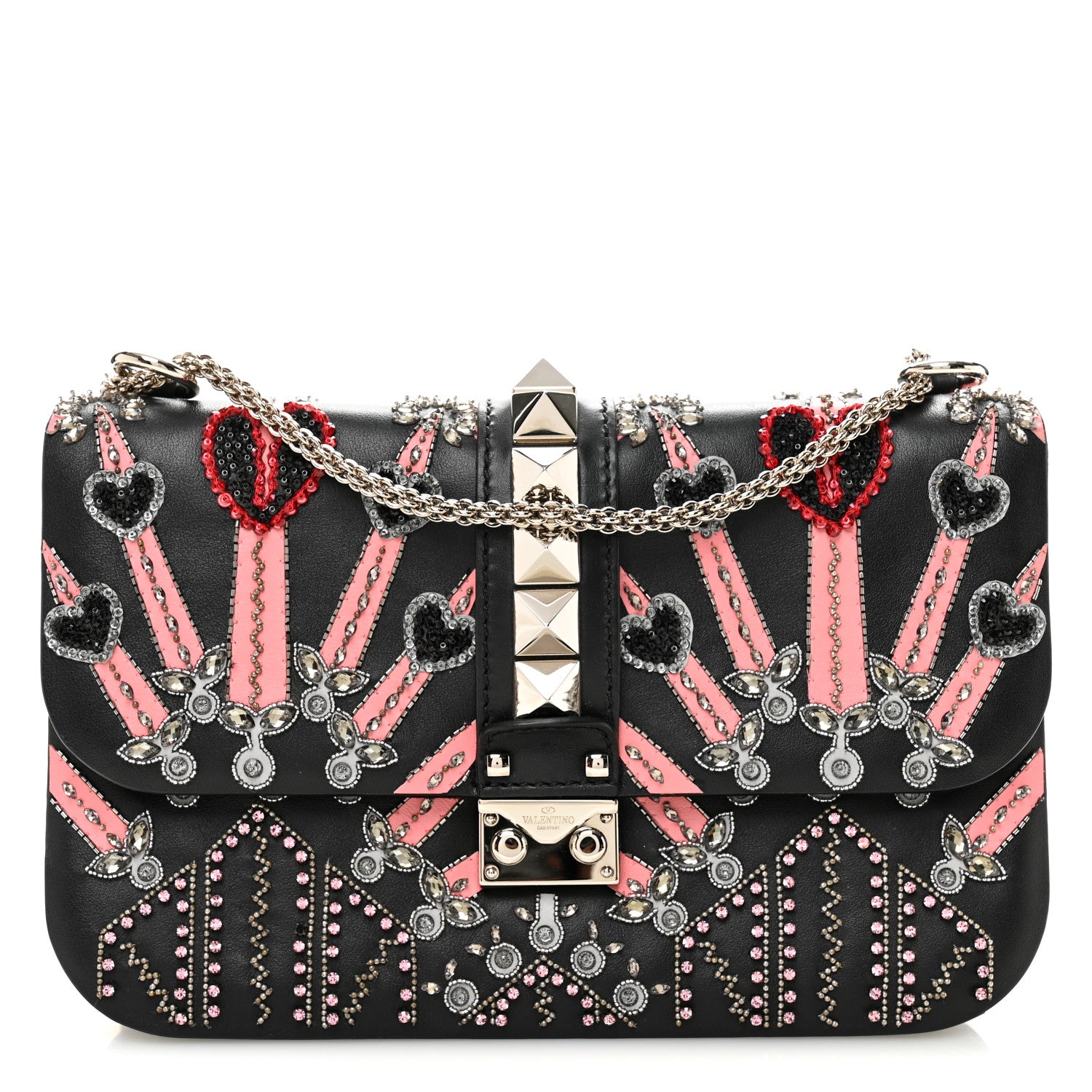 Valentino Garavani Vitello Crystal Loveblade Embellished Medium Glam Lock Rockstud Flap Black 1 of 10
