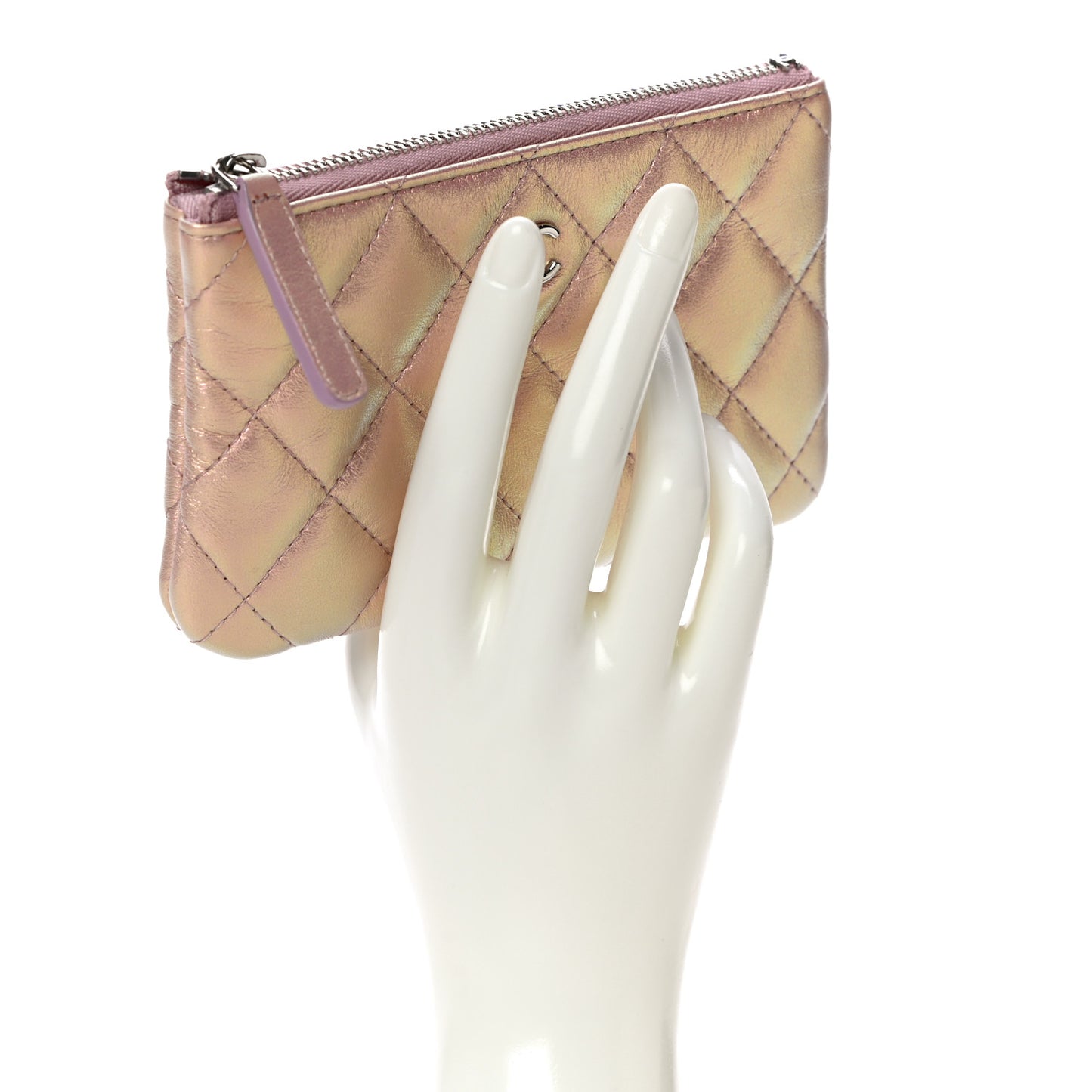 Iridescent Calfskin Quilted Small Cosmetic Case Pink