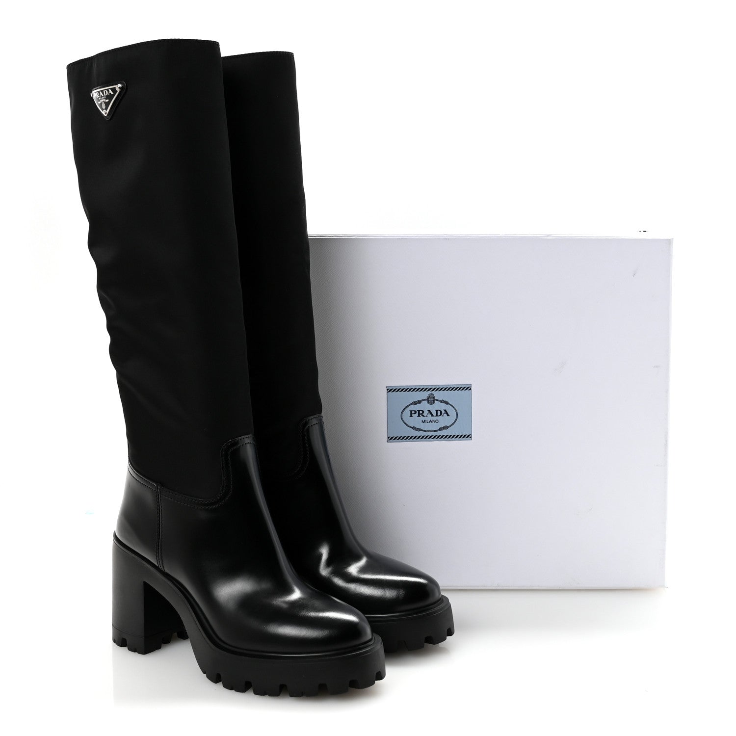 Prada Spazzolato Re-Nylon Metal Triangle Logo 90mm Tall Boots 36 Black 10 of 10