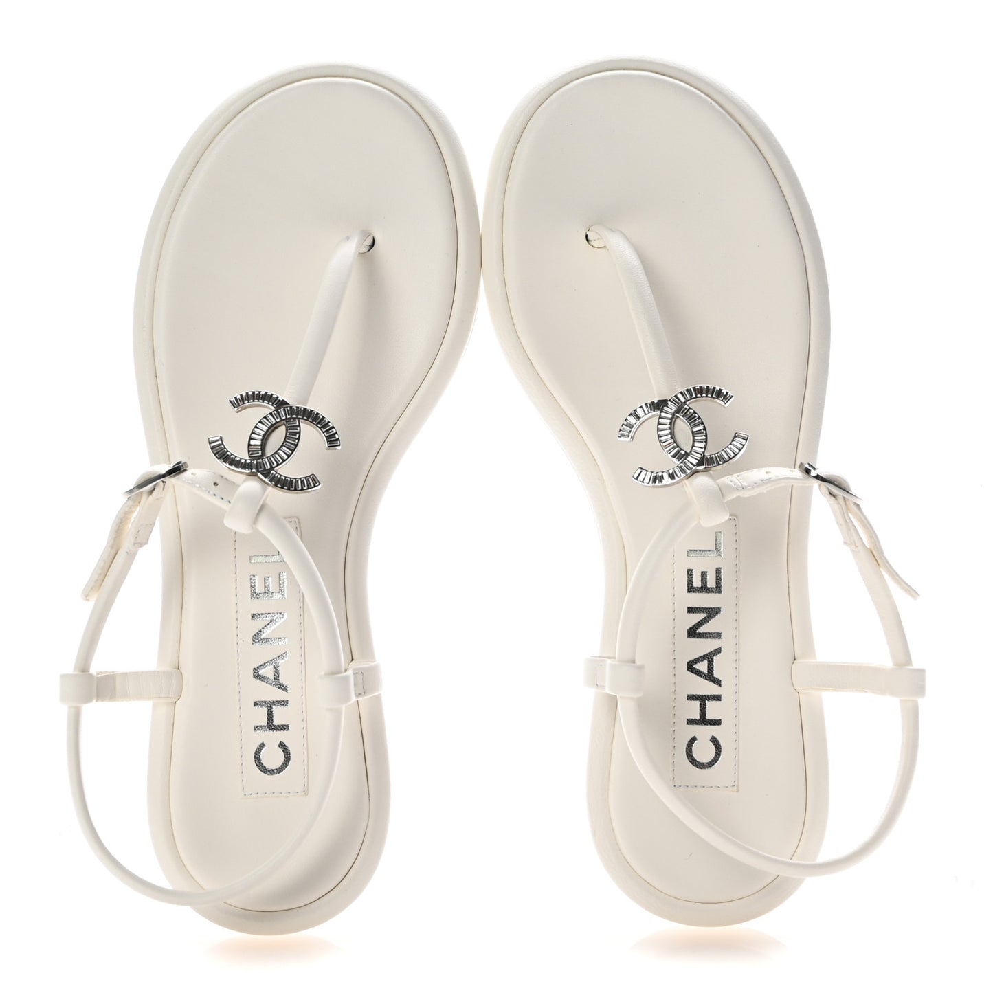 Lambskin Crystal Baguette CC Thong Sandals 36.5 White