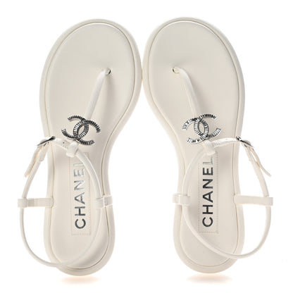 Chanel Lambskin Crystal Baguette CC Thong Sandals 36.5 White 2 of 9