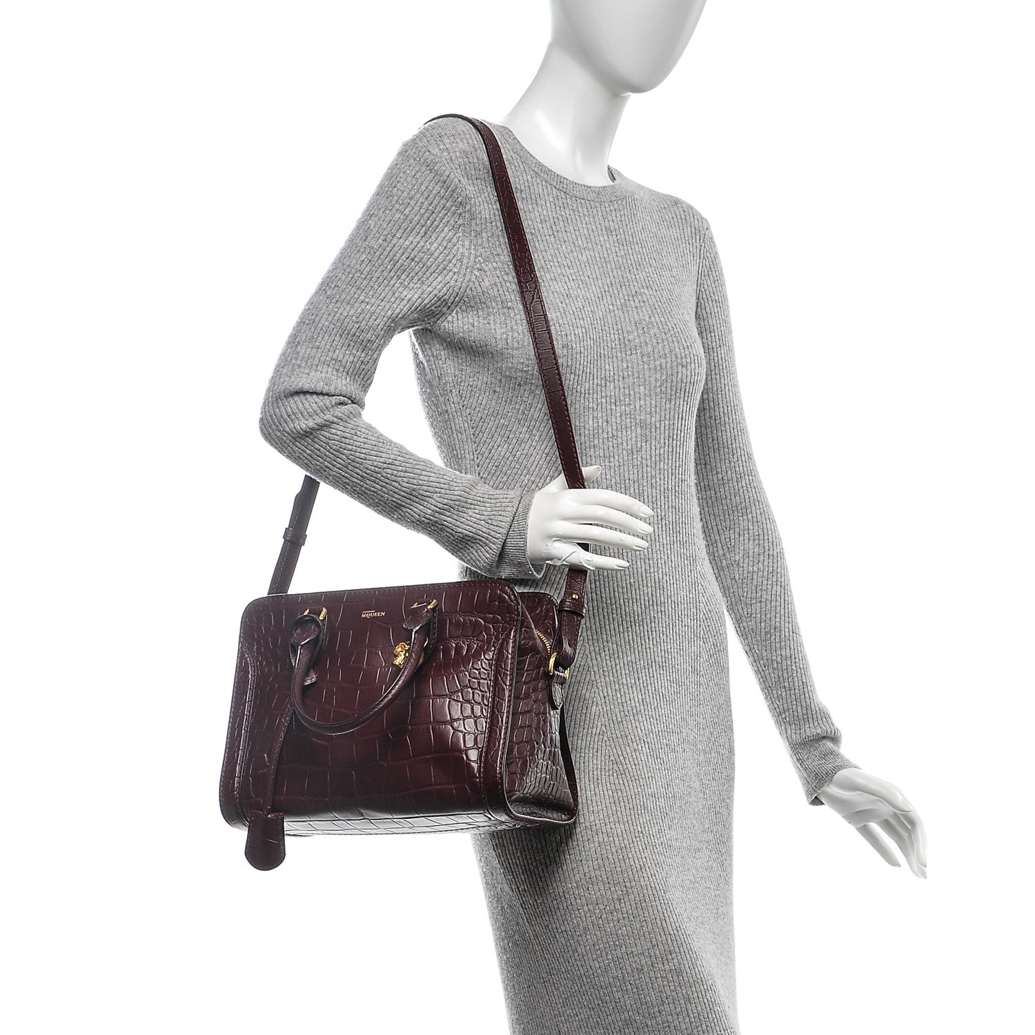 Alexander McQueen Calfskin Crocodile Embossed Small Skull Padlock Zip Around Tote Bordeaux 2 of 6