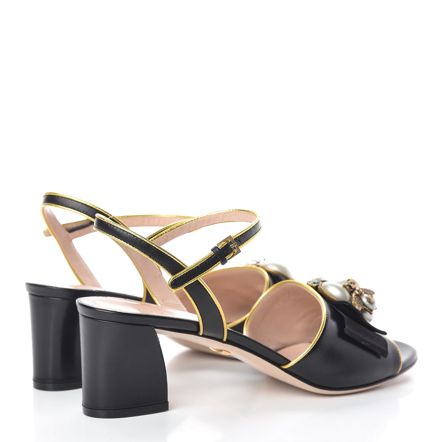 Nappa Silk Pearl Bee Embellished Mid-Heel Sandals 39 Black