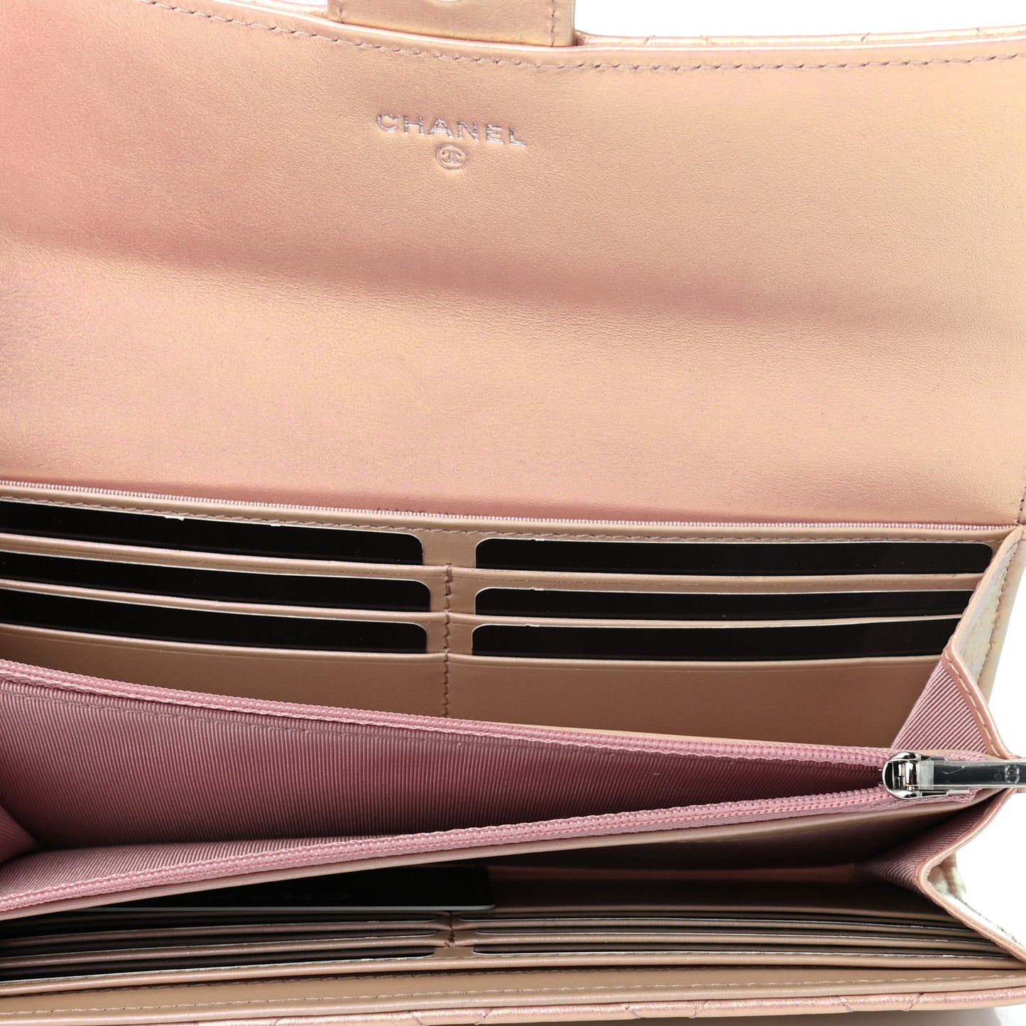 Iridescent Calfskin Quilted Large Gusset Flap Wallet Pink