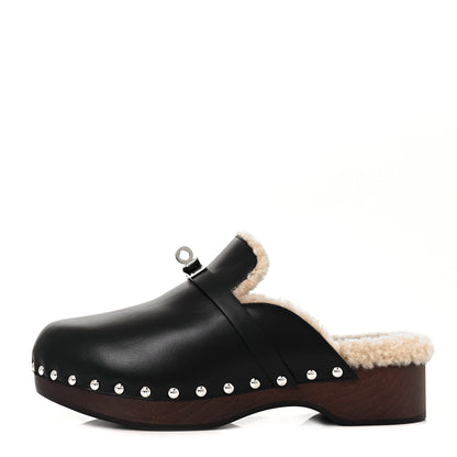 Hermes Calfskin Woolskin Carlotta Mules 37 Black 1 of 8