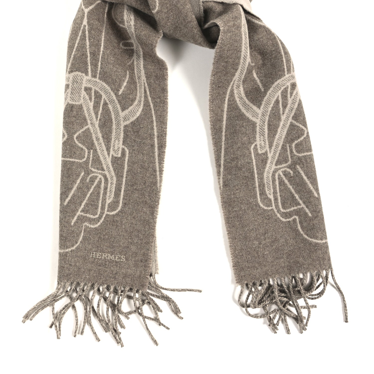 Hermes Cashmere Tete-a-Tete Equestre Scarf Taupe Grege 1802938