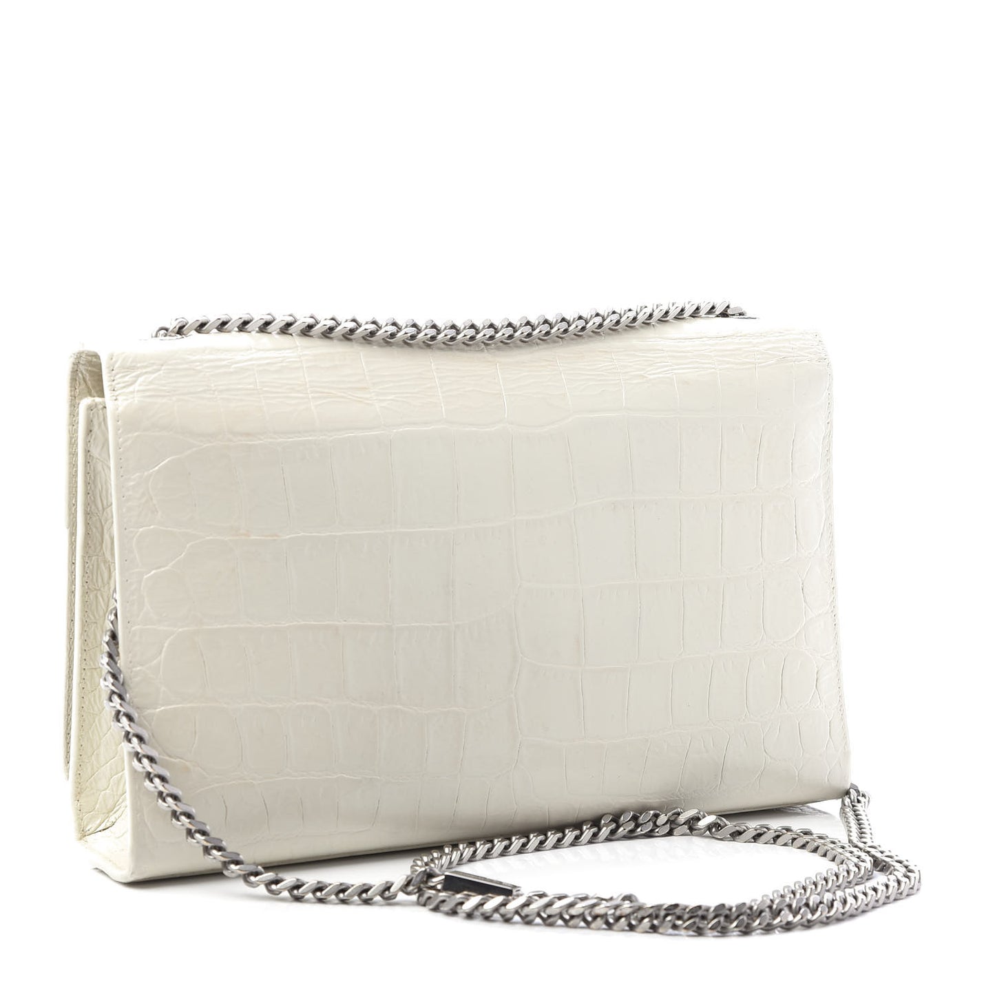 Calfskin Crocodile Embossed Medium Classic Monogram Kate Tassel Satchel White