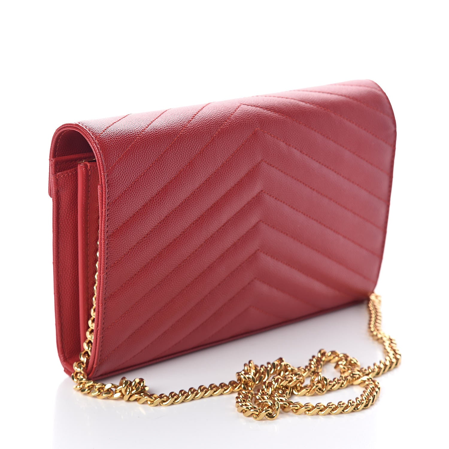 Saint Laurent Grain De Poudre Matelasse Chevron Monogram Chain Wallet New Red 3 of 9