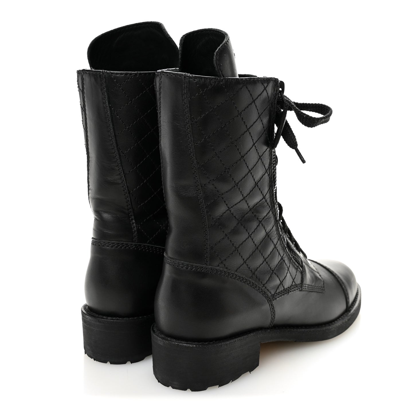 Calfskin Quilted Lace Up Combat Boots 36.5 Black