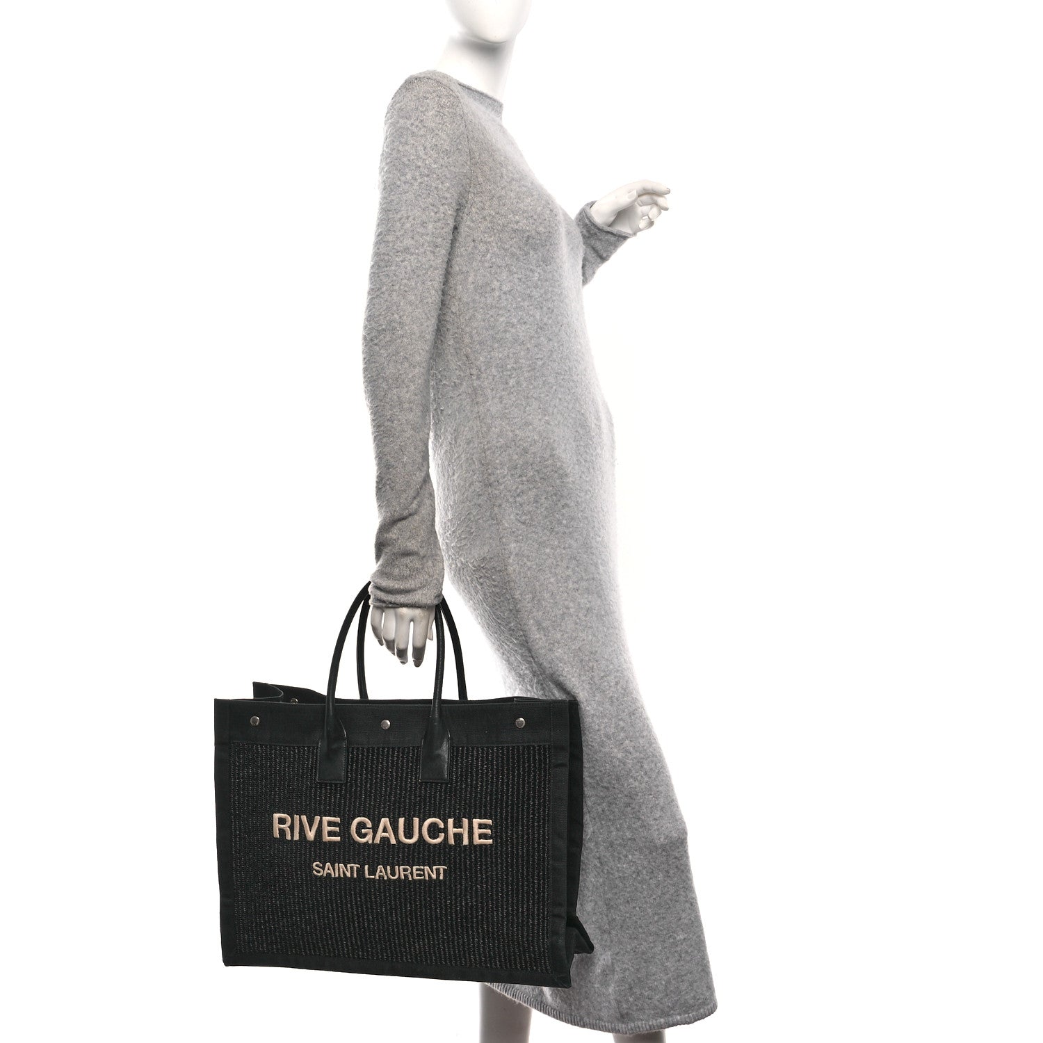 Saint Laurent Raffia Linen Calfskin Rive Gauche Tote Black 2 of 12