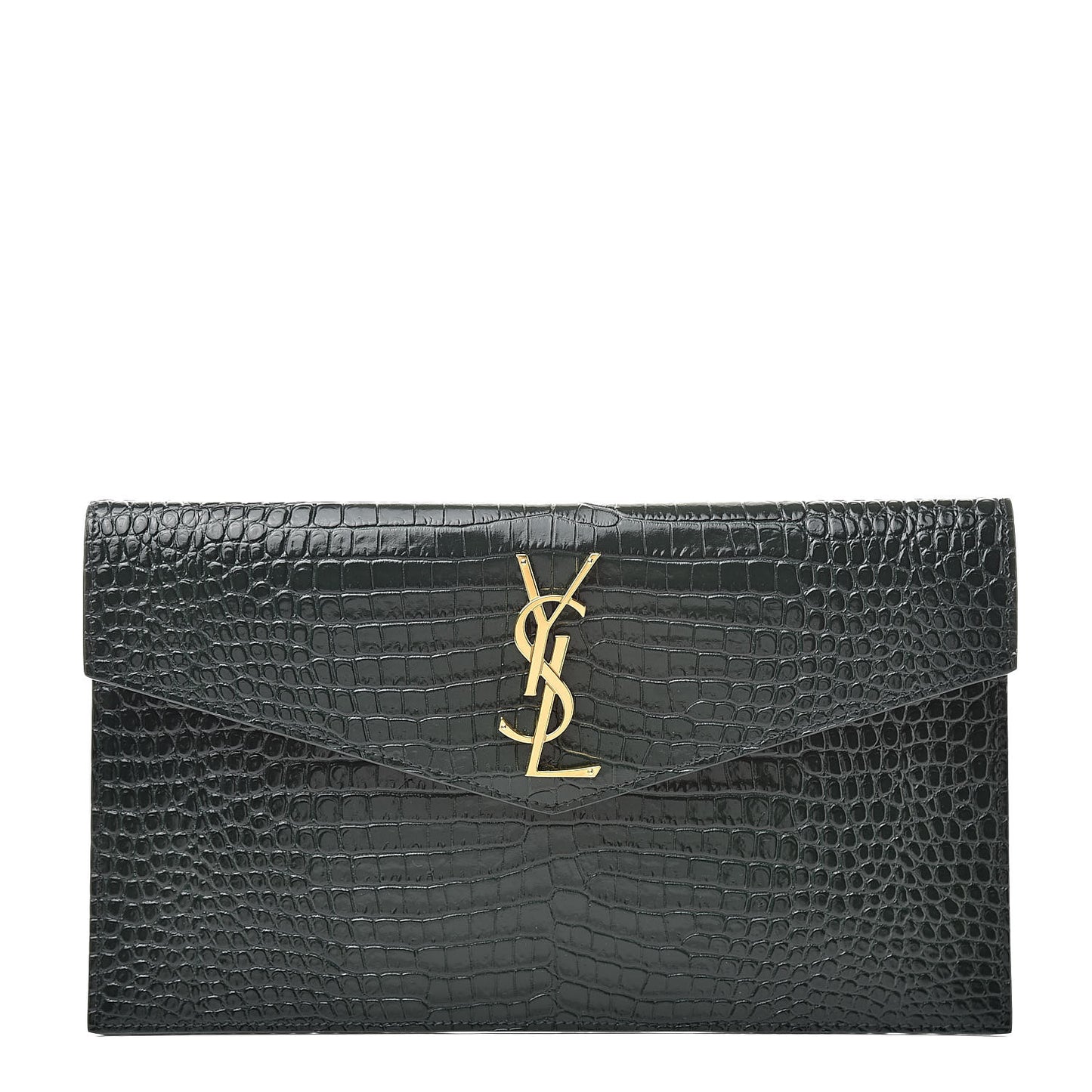 Calfskin Crocodile Embossed Uptown Monogram Clutch Dark Green