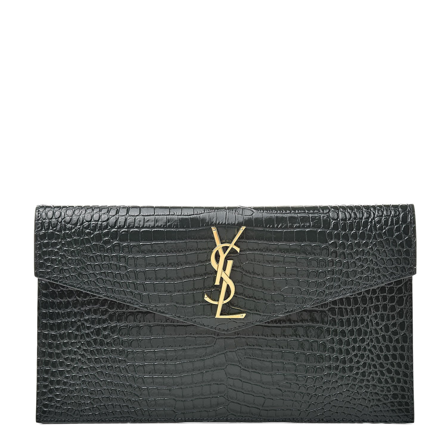 Saint Laurent Calfskin Crocodile Embossed Uptown Monogram Clutch Dark Green 1 of 8