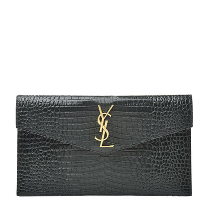 Saint Laurent Calfskin Crocodile Embossed Uptown Monogram Clutch Dark Green 1 of 8