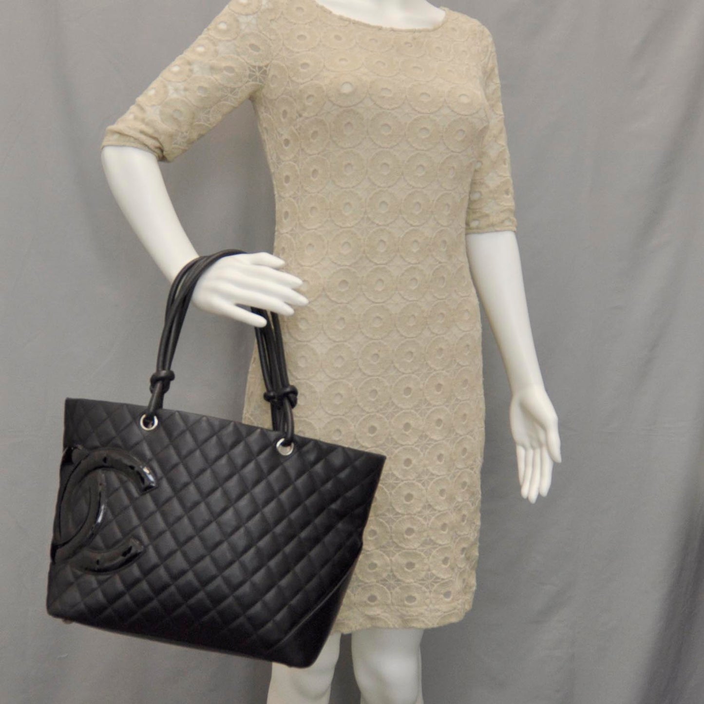 Calfskin Quilted Large Cambon Tote Black