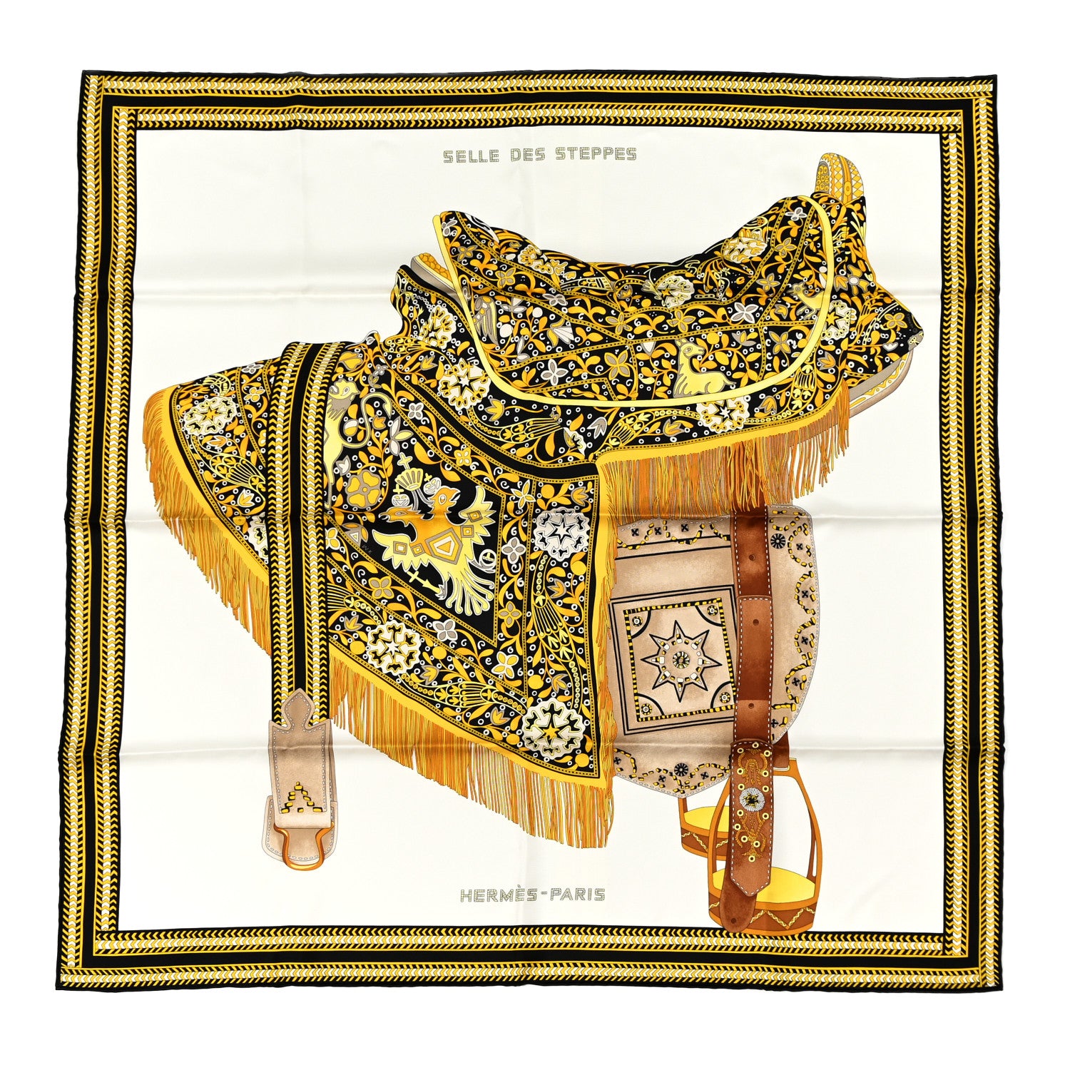 Hermes Silk Selle Des Steppes Scarf 90 White Or Black 1 of 5
