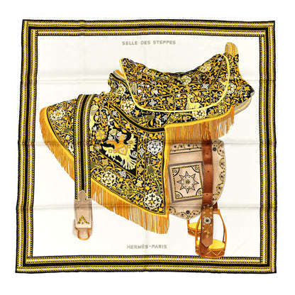 Hermes Silk Selle Des Steppes Scarf 90 White Or Black 1 of 5