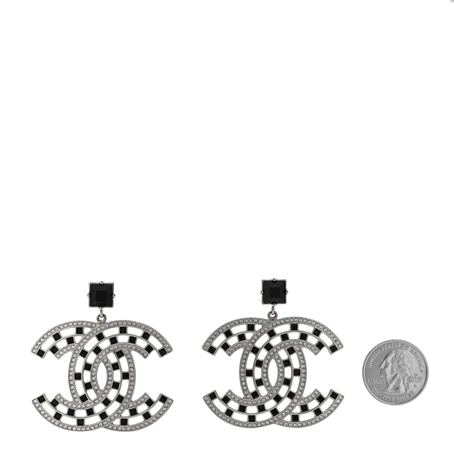 Baguette Crystal CC Drop Earrings Silver Black