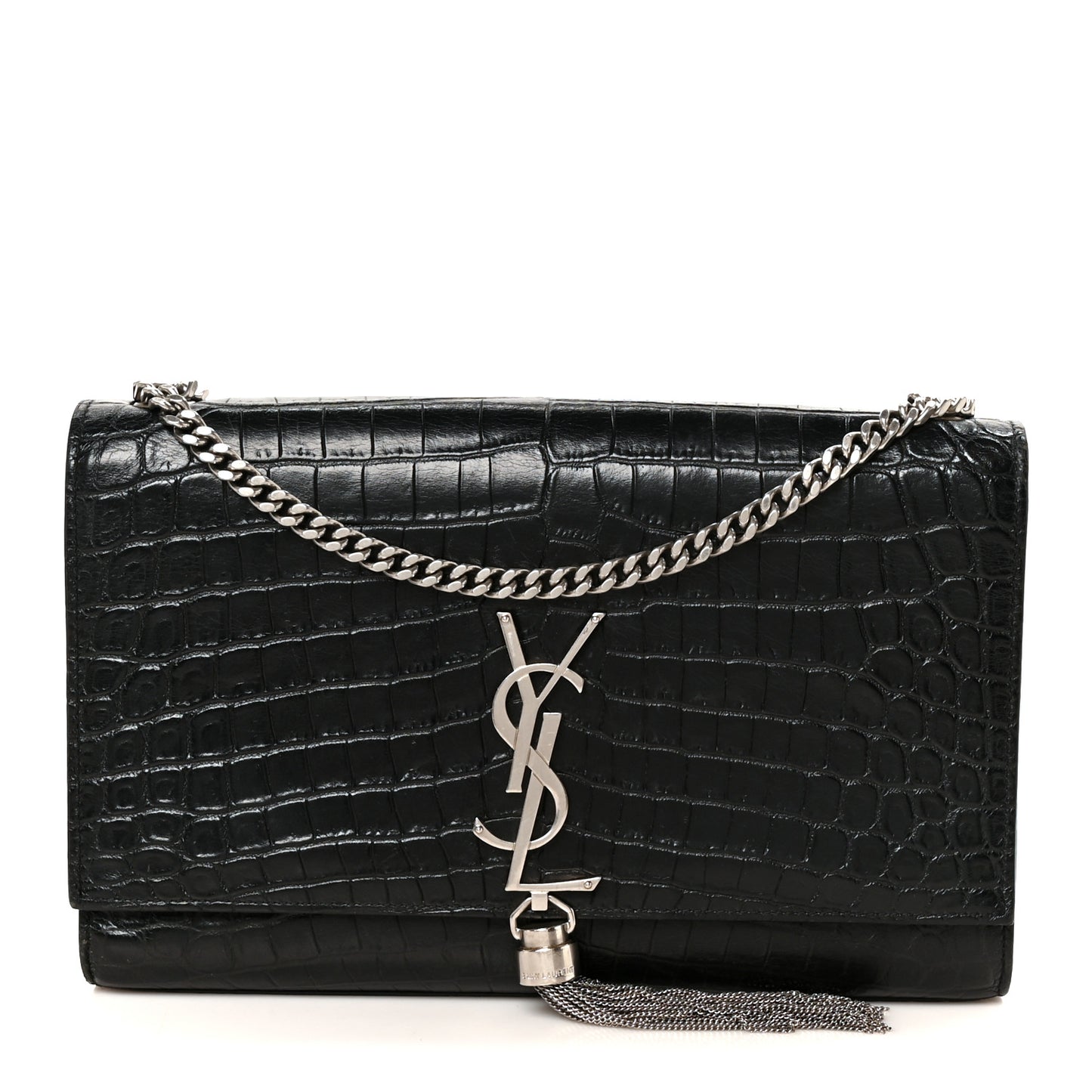 Calfskin Crocodile Embossed Medium Classic Monogram Kate Tassel Satchel Black