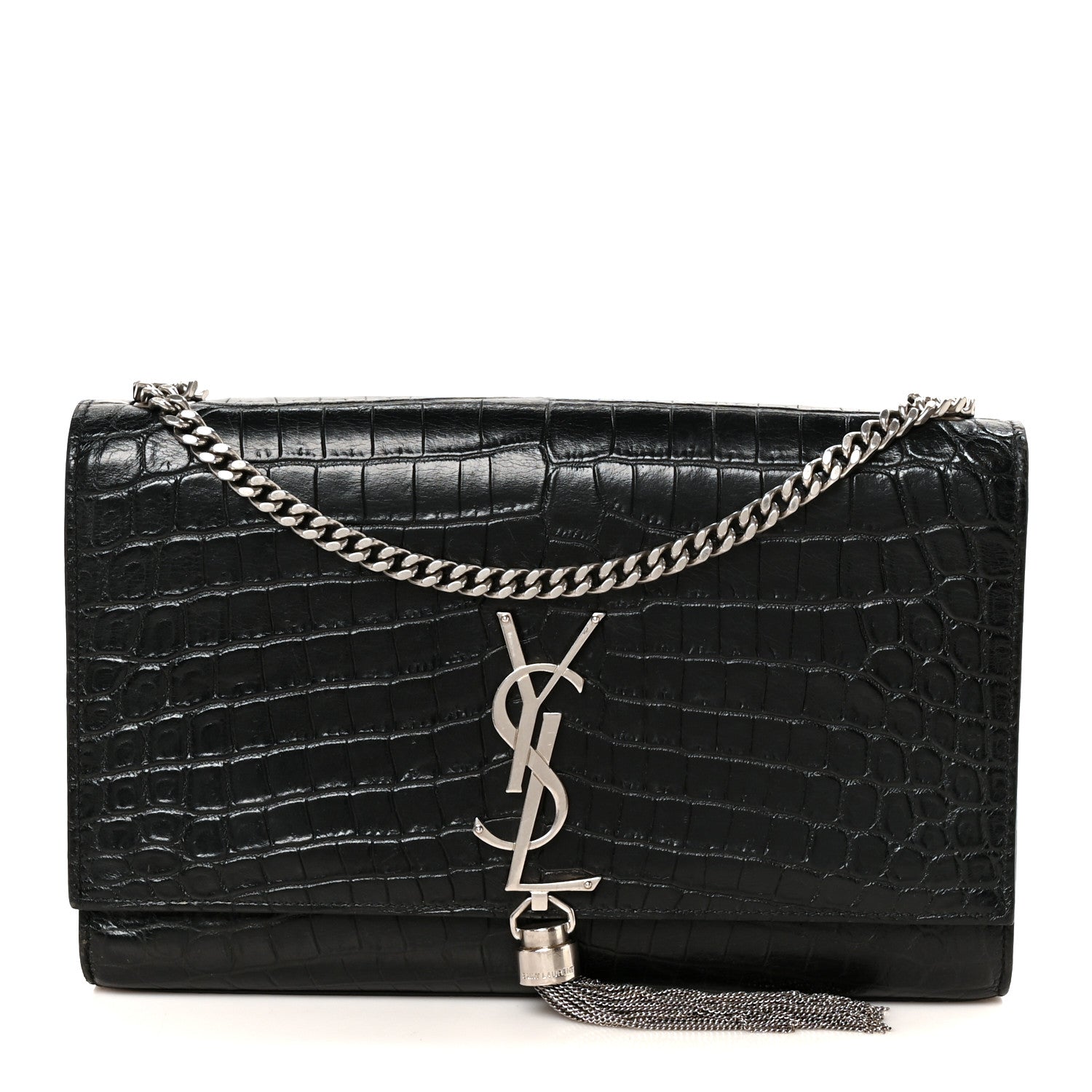 Saint Laurent Calfskin Crocodile Embossed Medium Classic Monogram Kate Tassel Satchel Black 1 of 11
