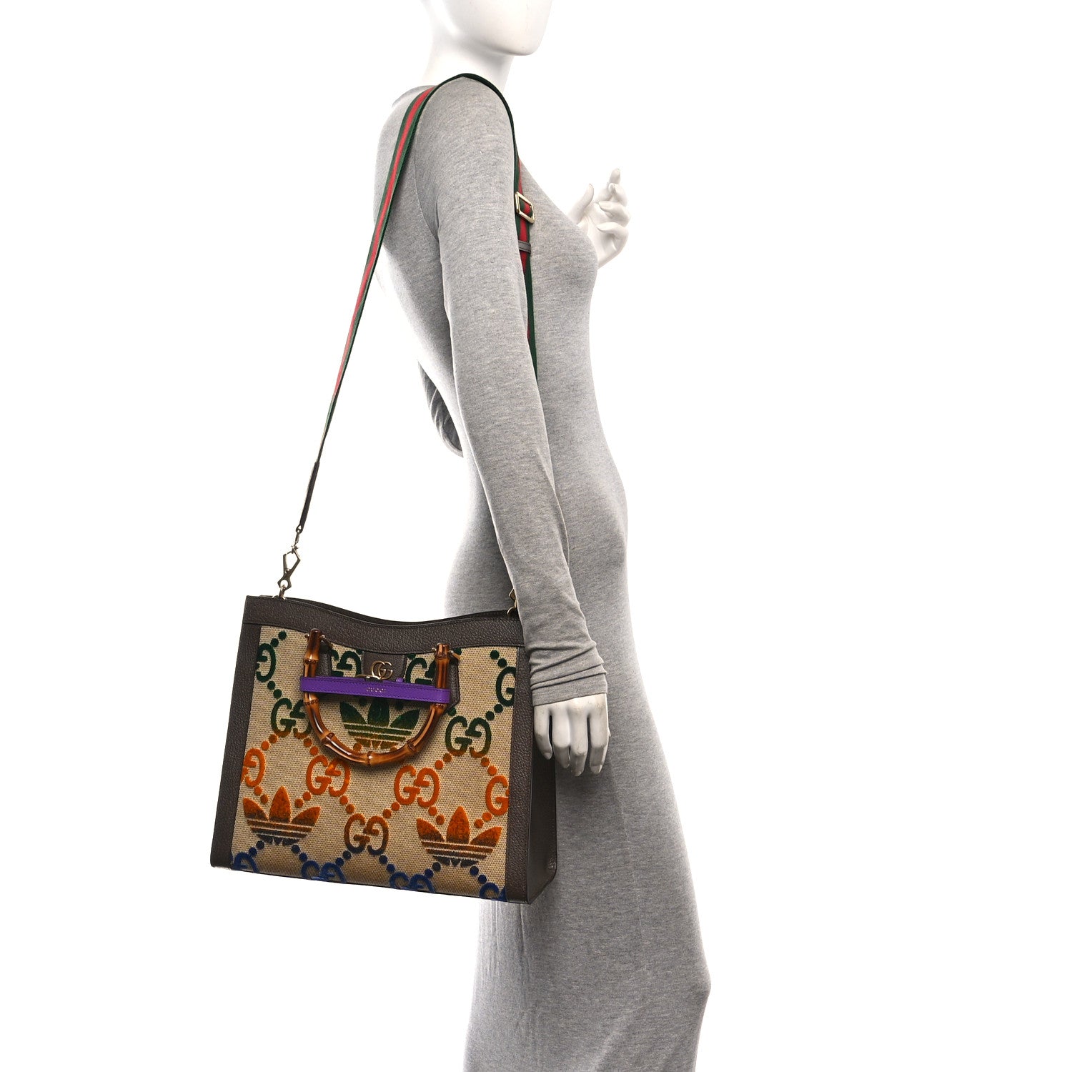 Gucci X ADIDAS Textured Dollar Calfskin Jumbo GG Textured Web Trefoil Logo Medium Diana Tote Bag Beige Brown Multicolor 2 of 10