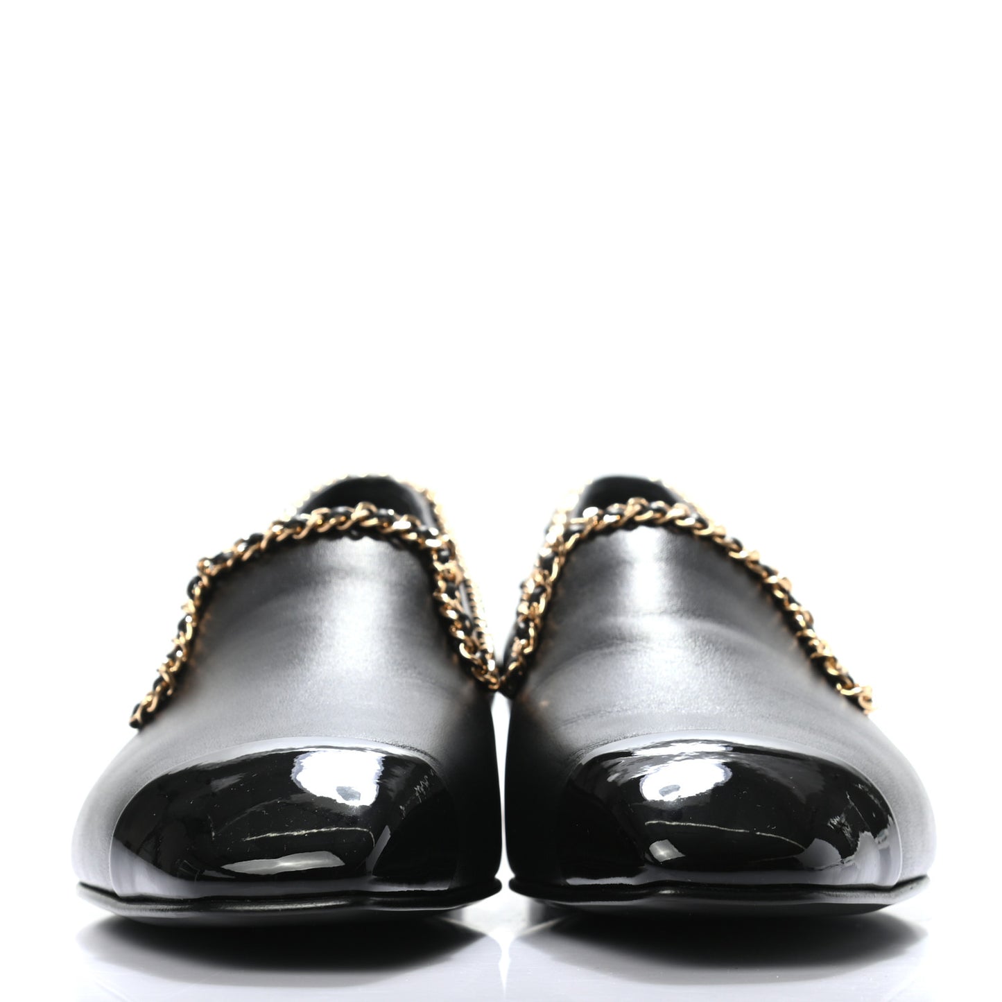 Lambskin Patent Calfskin Chain Cap Toe Loafer 37 Black