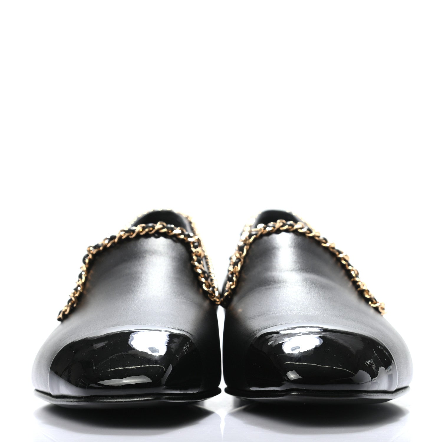Chanel Lambskin Patent Calfskin Chain Cap Toe Loafer 37 Black 2 of 7