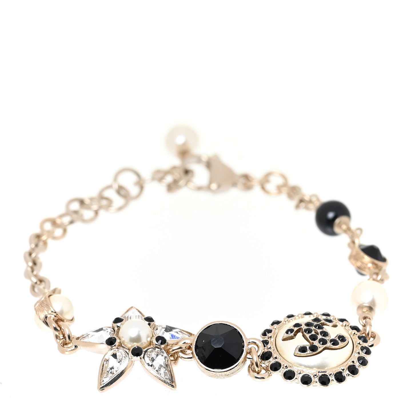 Pearl Crystal Beaded CC Bracelet Black Gold