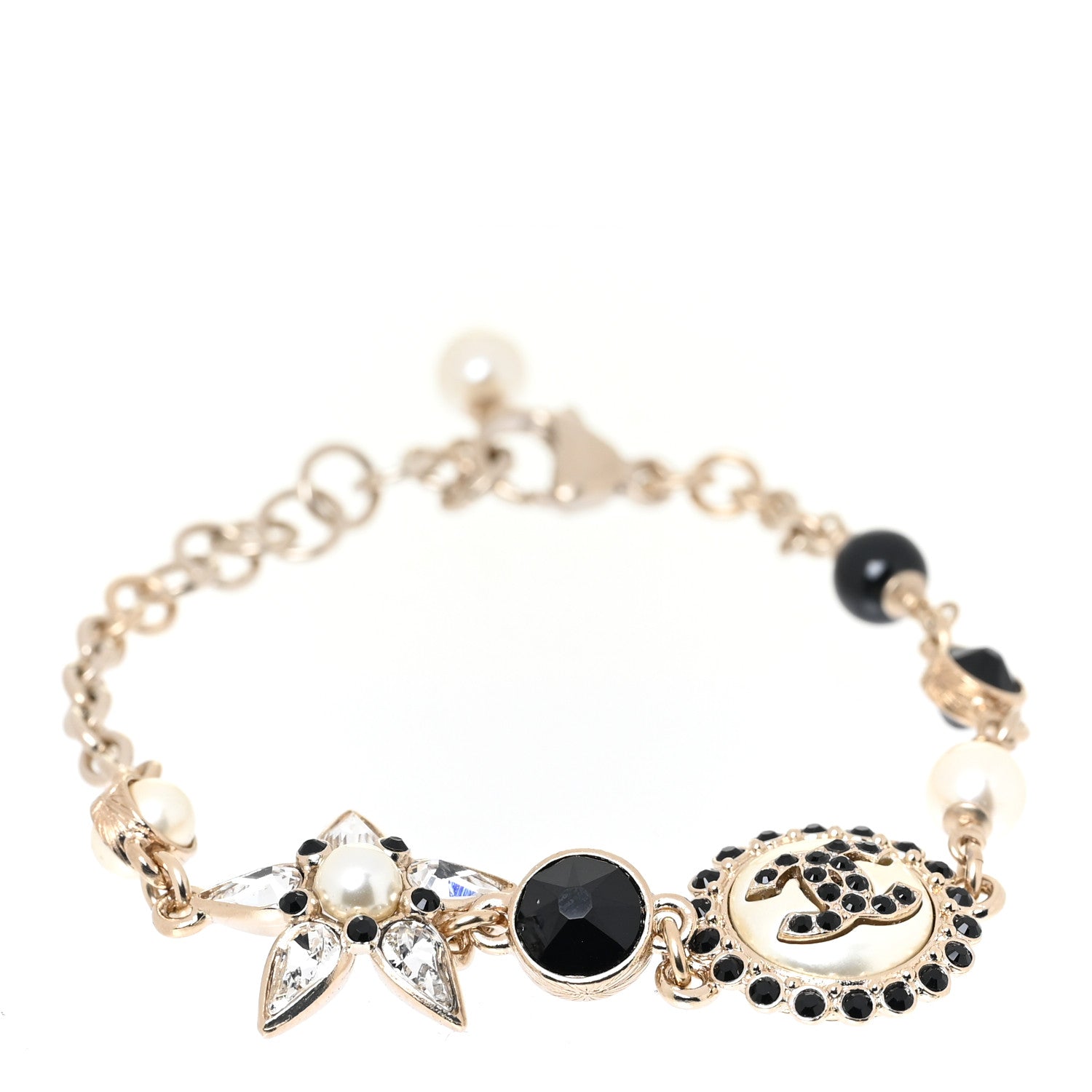 Chanel Pearl Crystal Beaded CC Bracelet Black Gold 1 of 5