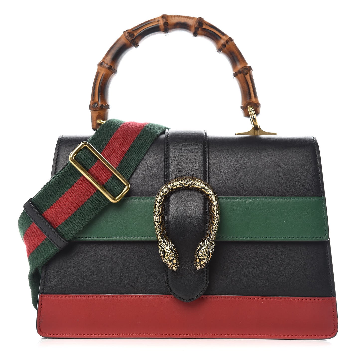Moon Calfskin Web Medium Dionysus Bamboo Top Handle Bag Black Bright Evergreen Hibiscus Red