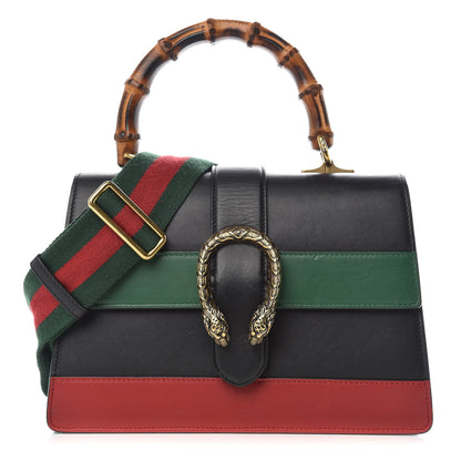 Gucci Moon Calfskin Web Medium Dionysus Bamboo Top Handle Bag Black Bright Evergreen Hibiscus Red 1 of 14