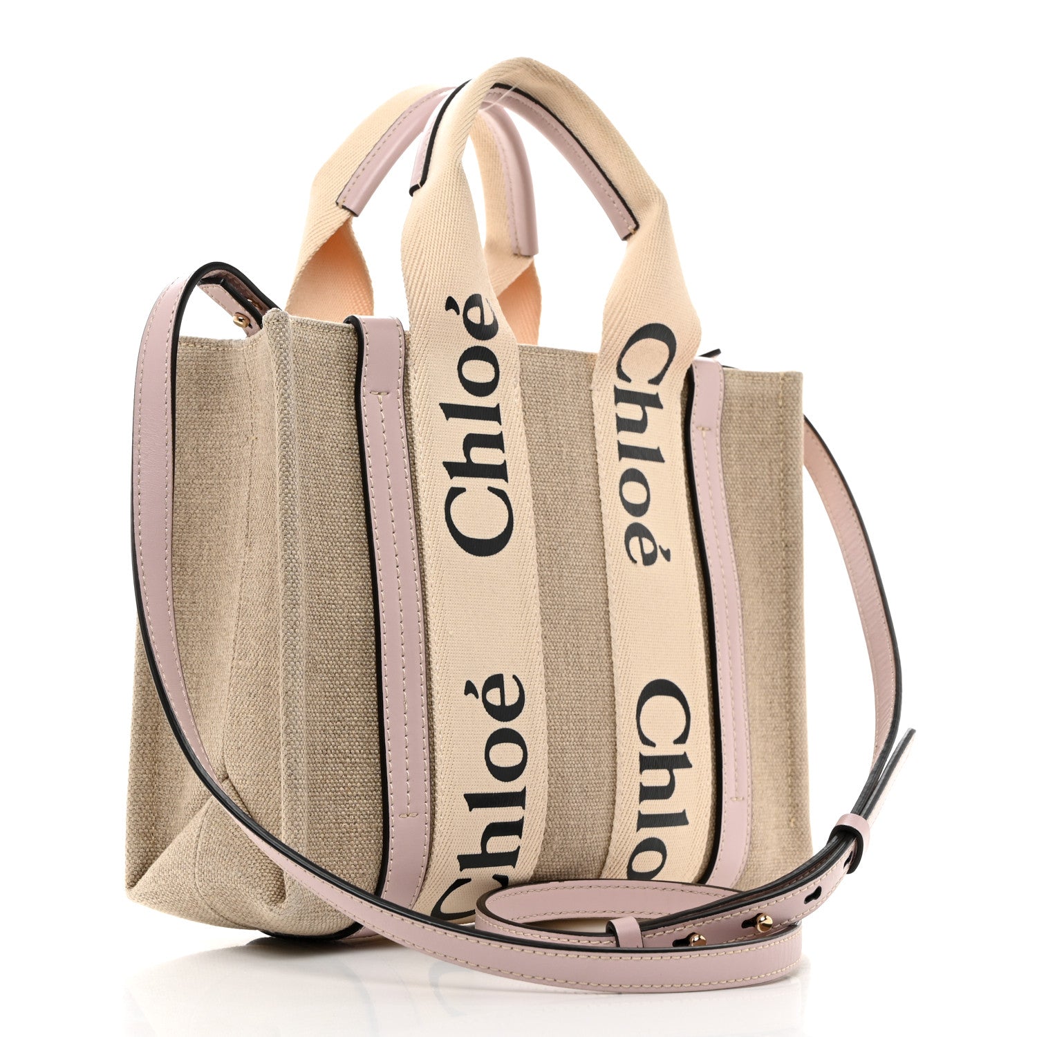 Chloe Linen Calfskin Small Woody Ribbon Tote With Strap White Pink 2 of 10