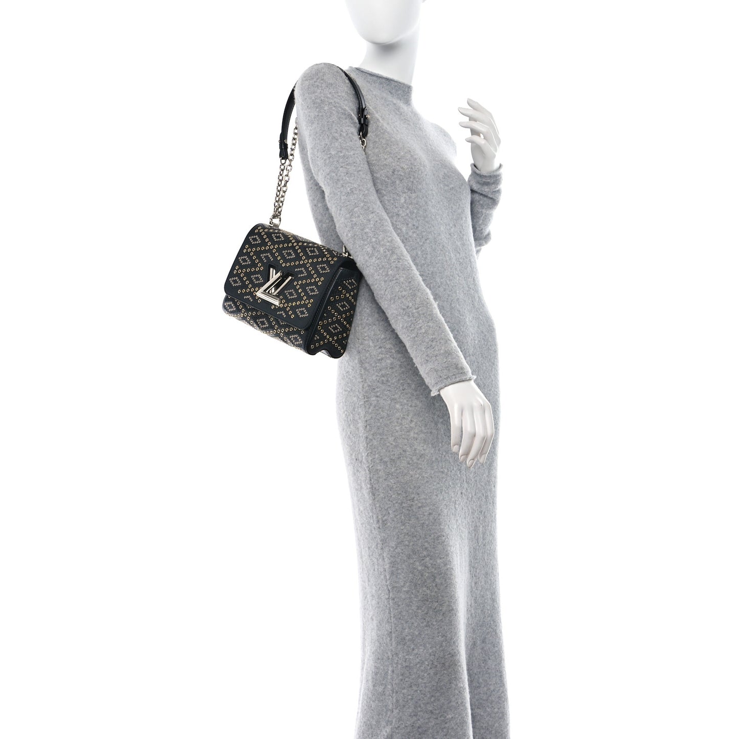 Calfskin Eyelet Twist Shoulder Bag MM Black