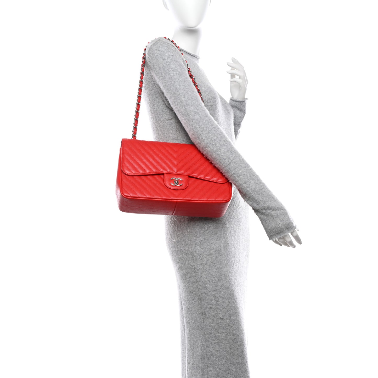 Caviar Chevron Quilted Jumbo Double Flap Red