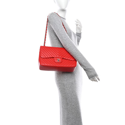 Chanel Caviar Chevron Quilted Jumbo Double Flap Red 2 of 11