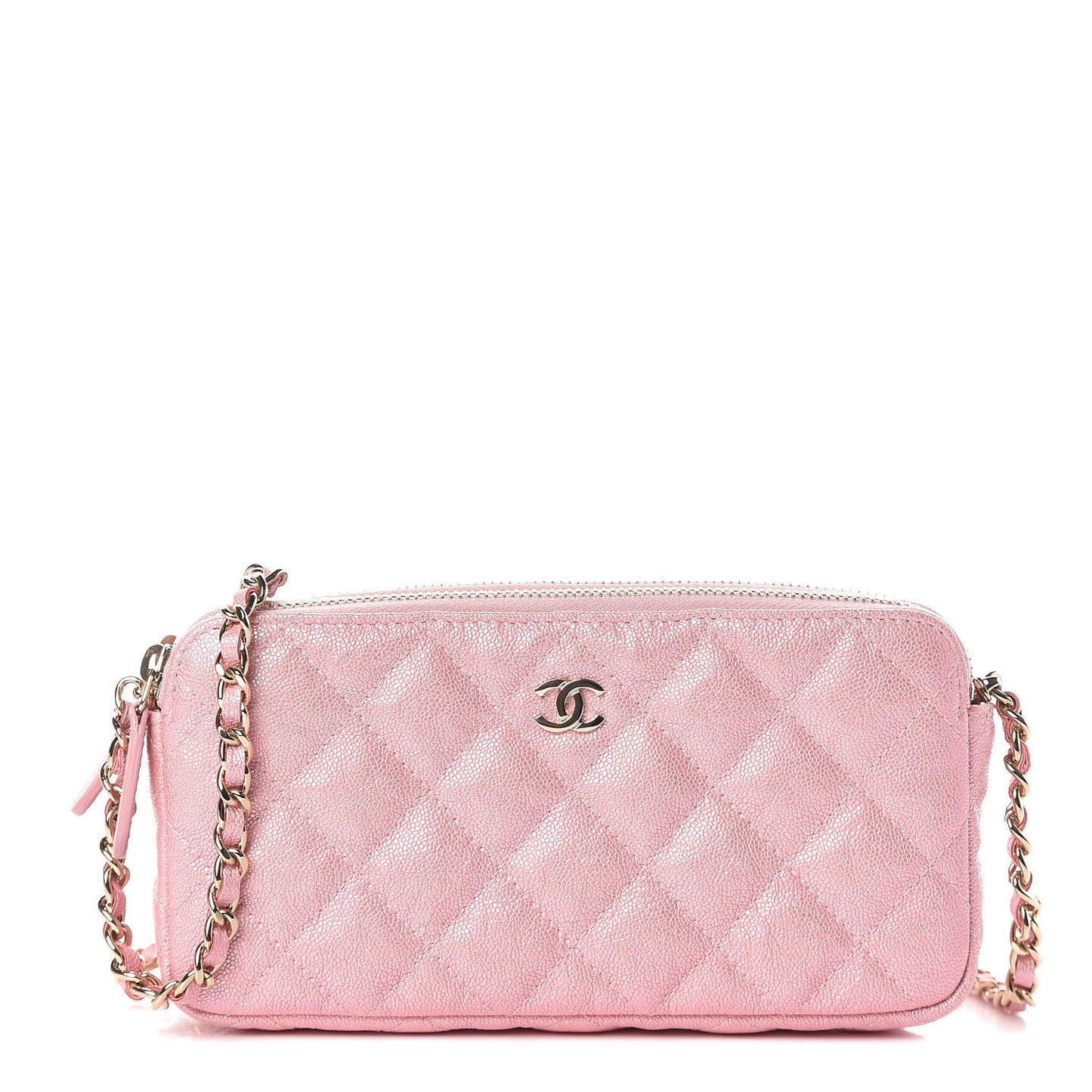 Iridescent Caviar Quilted Small Clutch With Chain Pink