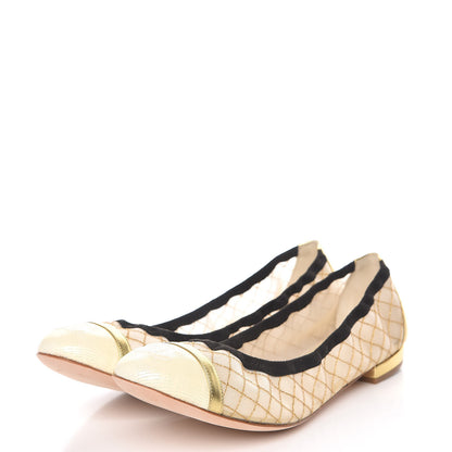 Chanel Lambskin Mesh Quilted CC Cap Toe Ballerina Flats 39.5 Light Beige Gold White 3 of 9
