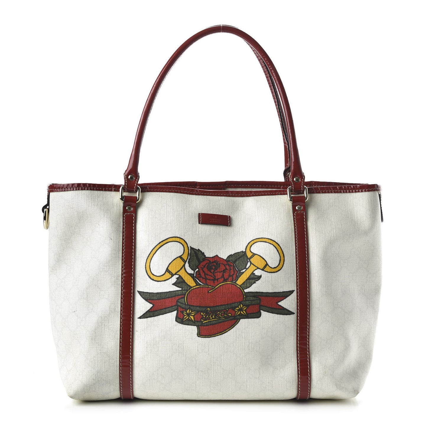 GG Plus Monogram Tattoo Heart Medium Joy Tote Off White Red
