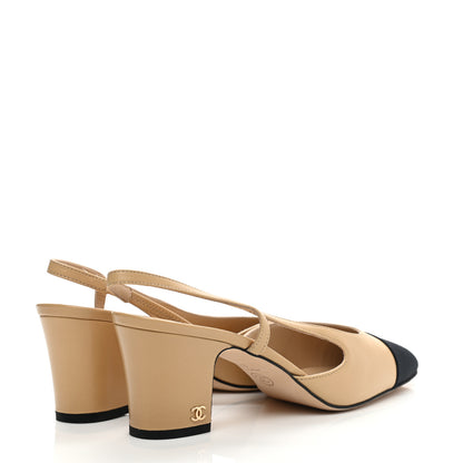 Chanel Goatskin Grosgrain Cap Toe CC Slingback Pumps 38.5 Beige Black 4 of 9