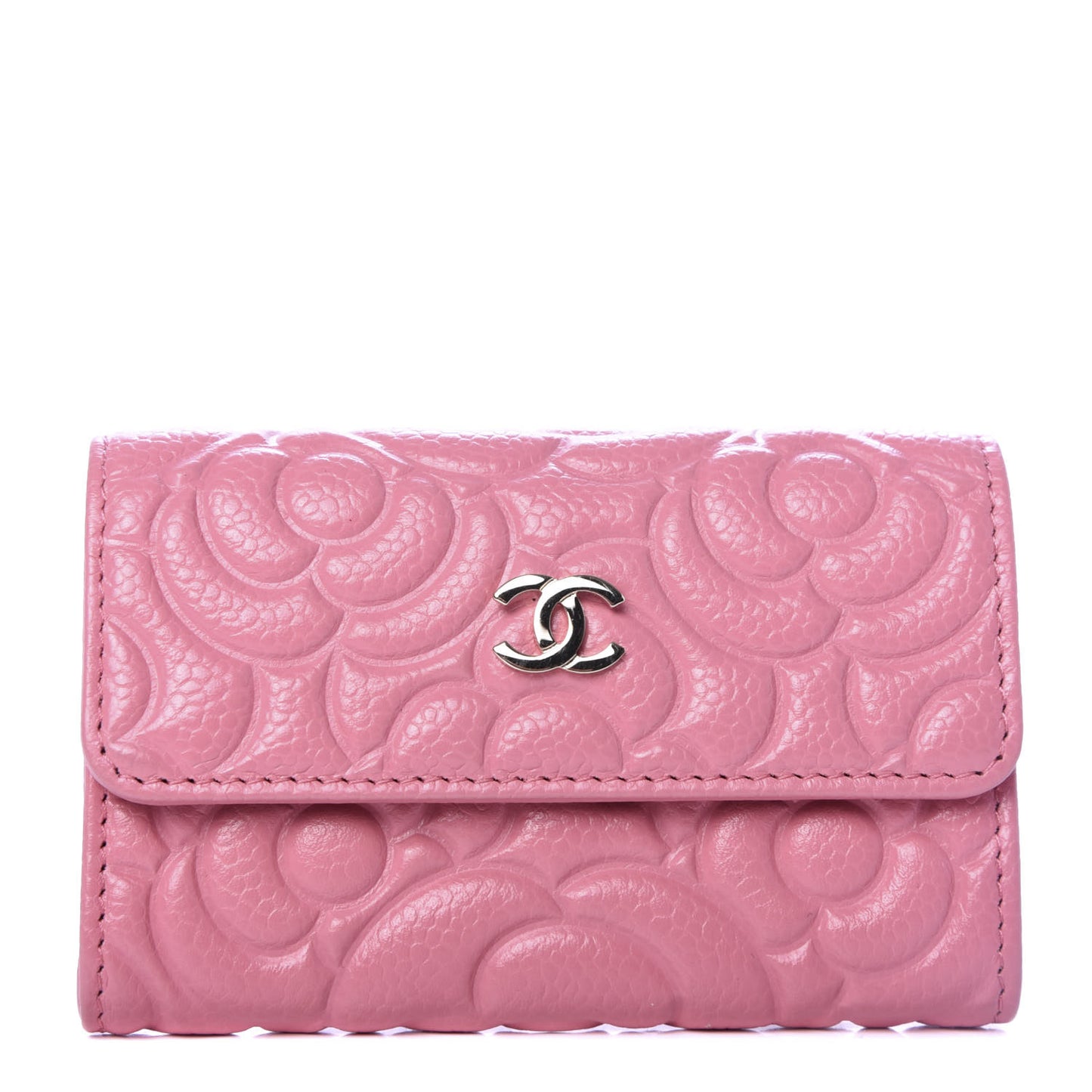 Caviar Camellia Embossed Card Holder Wallet Pink