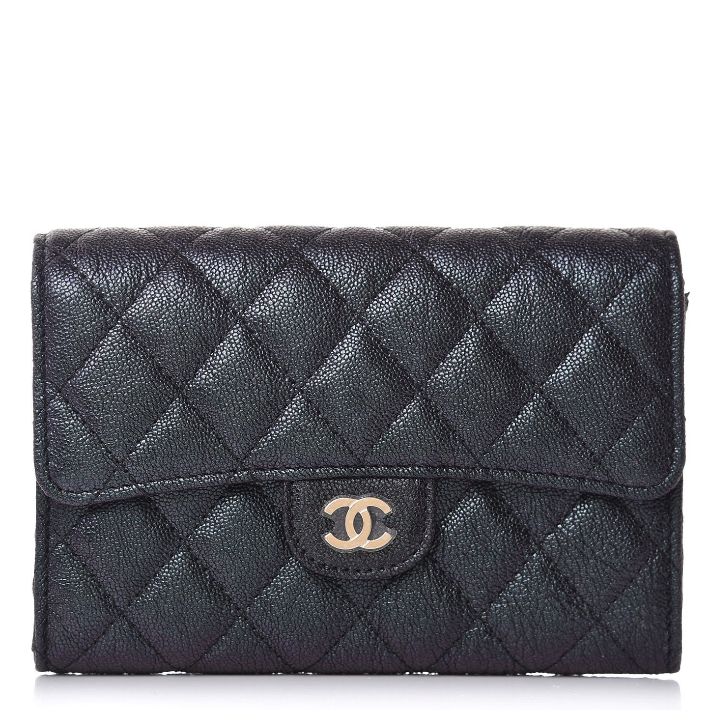 Iridescent Caviar Quilted Medium Flap Wallet Black