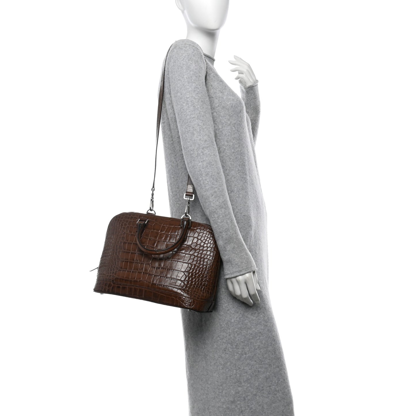Crocodile Embossed Calfskin Large Bowler Bag Brown