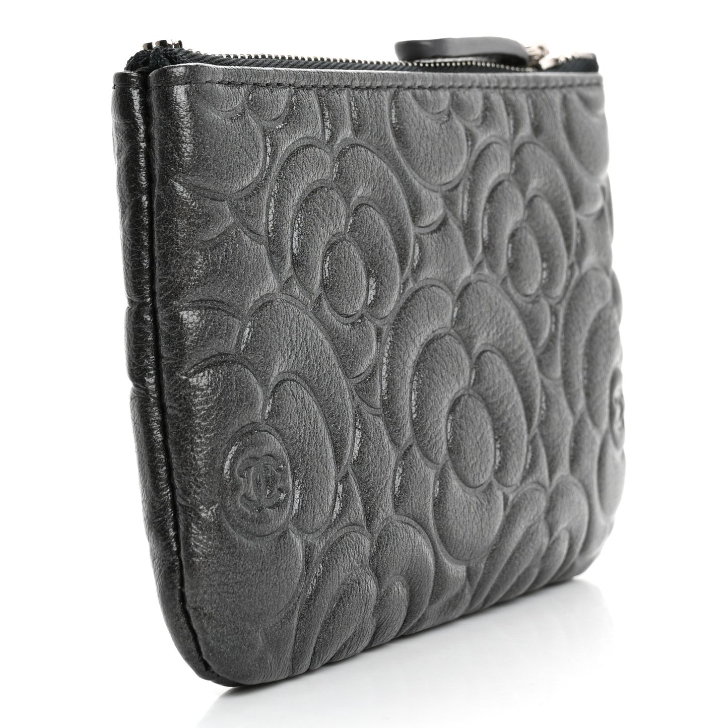 Goatskin Camellia Embossed Cosmetic Pouch Anthracite