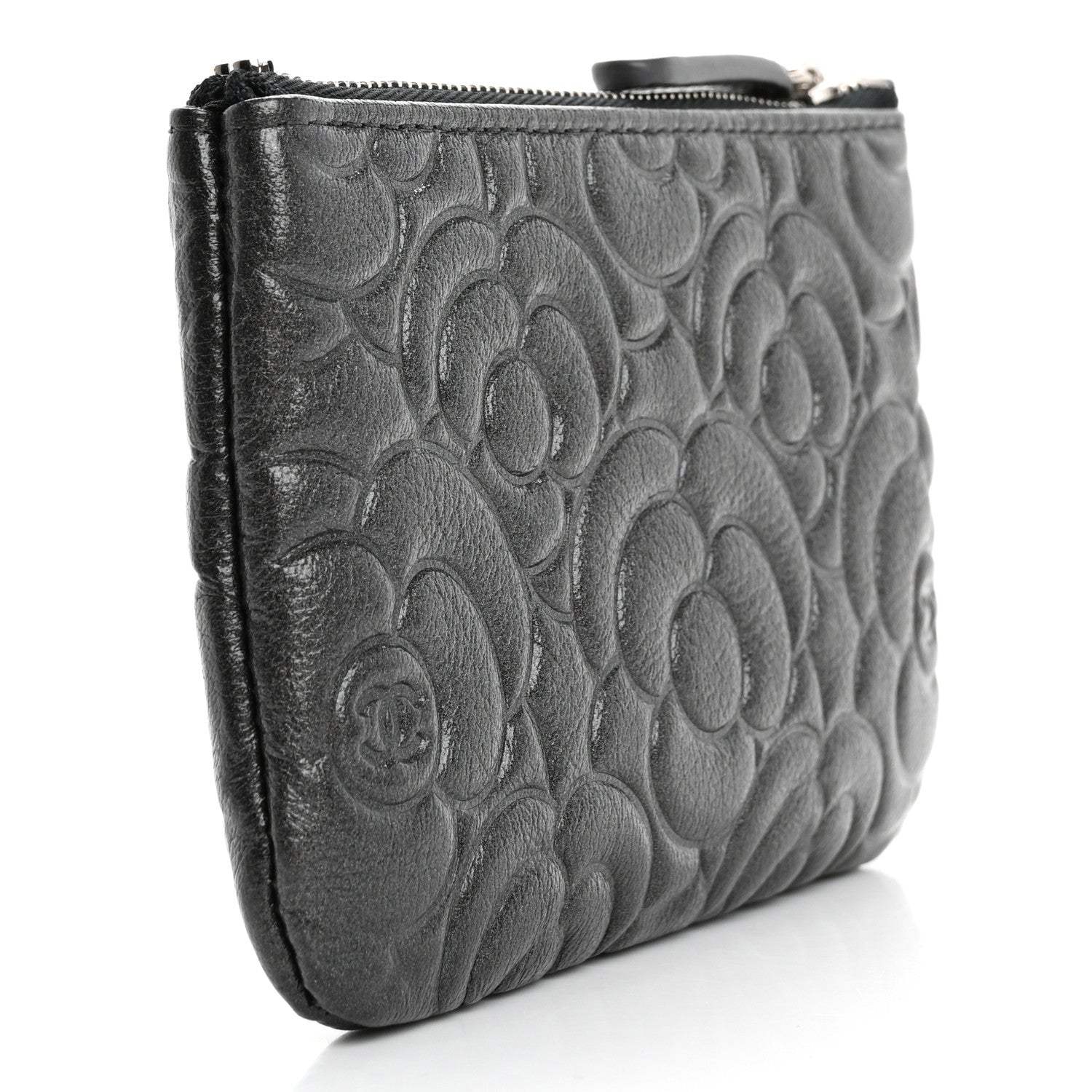 Chanel Goatskin Camellia Embossed Cosmetic Pouch Anthracite 3 of 12