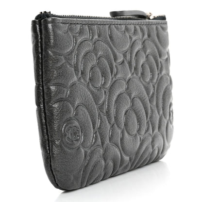 Chanel Goatskin Camellia Embossed Cosmetic Pouch Anthracite 3 of 12