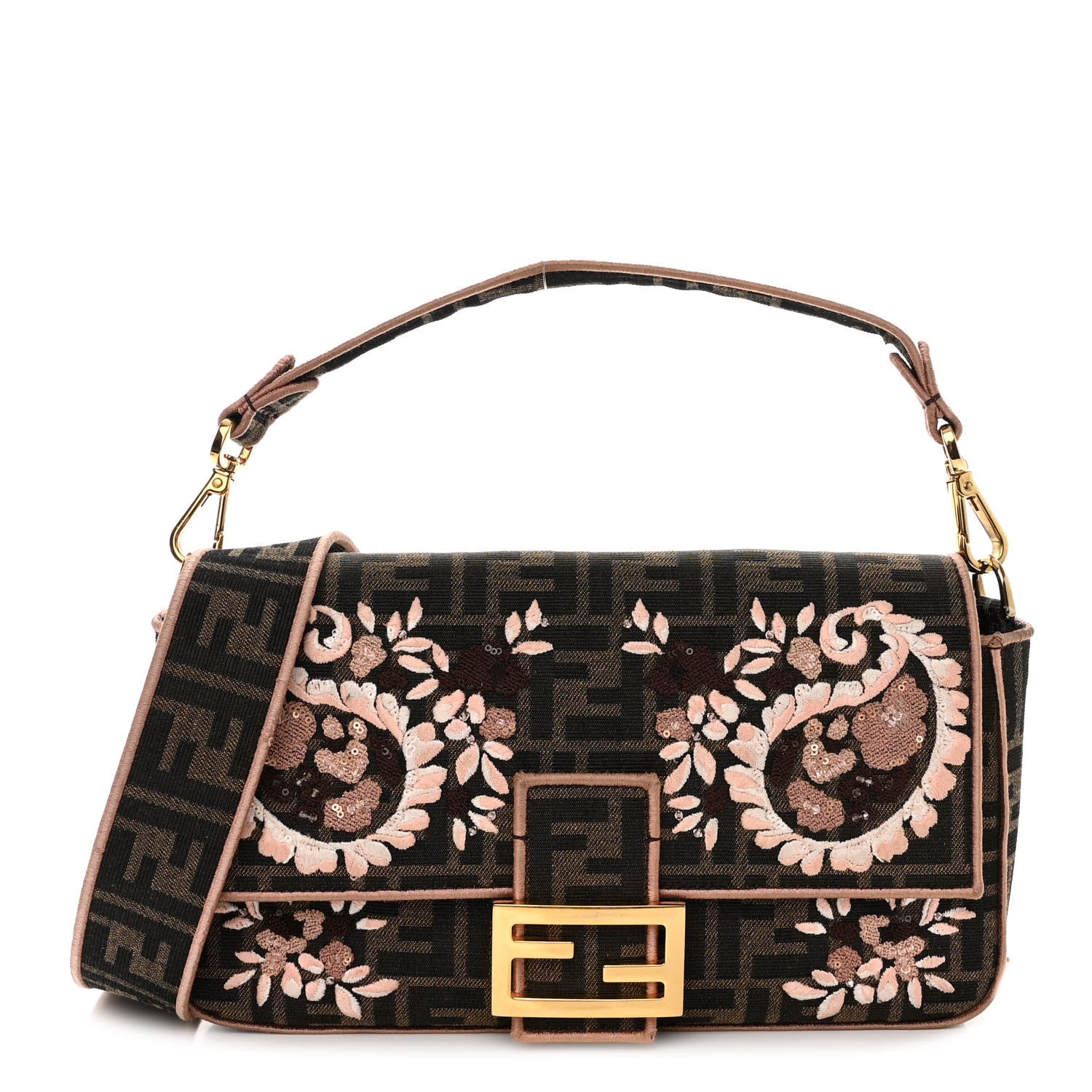 Fendi Fabric Jacquard FF 1974 Paisley Embroidered Baguette Tobacco Moro Rosa Quarzo Multicolor 1 of 10