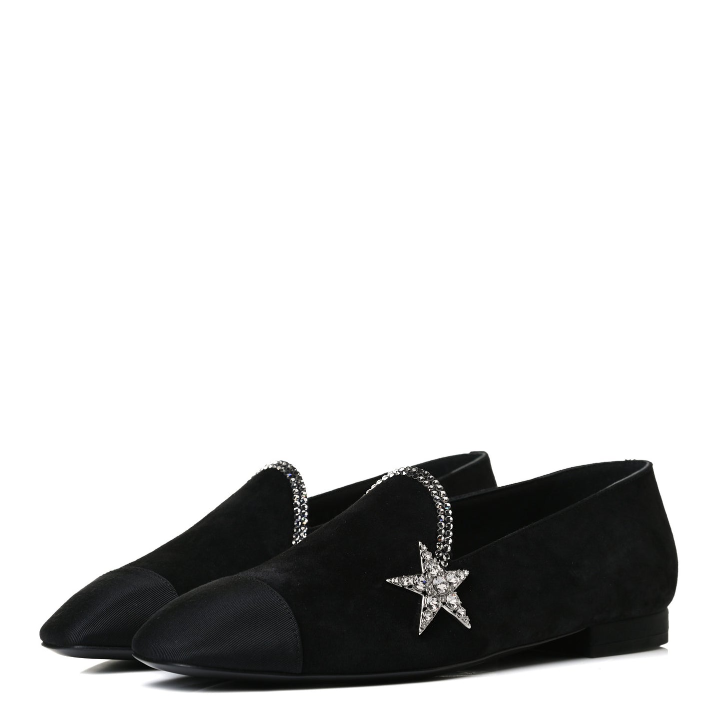 Suede Calfskin Grosgrain Crystal Star Mocassin Loafers 36.5 Black