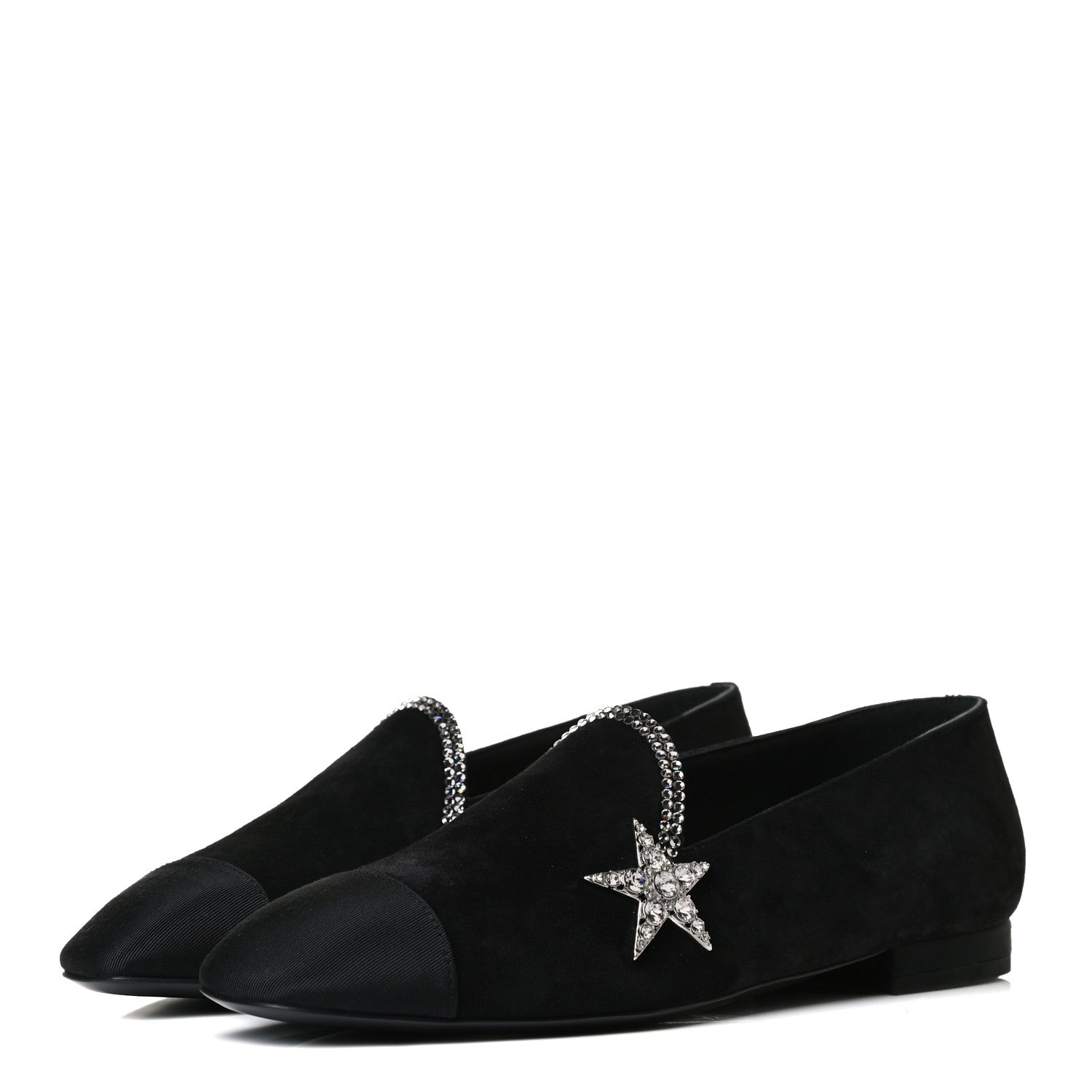 Chanel Suede Calfskin Grosgrain Crystal Star Mocassin Loafers 36.5 Black 3 of 10