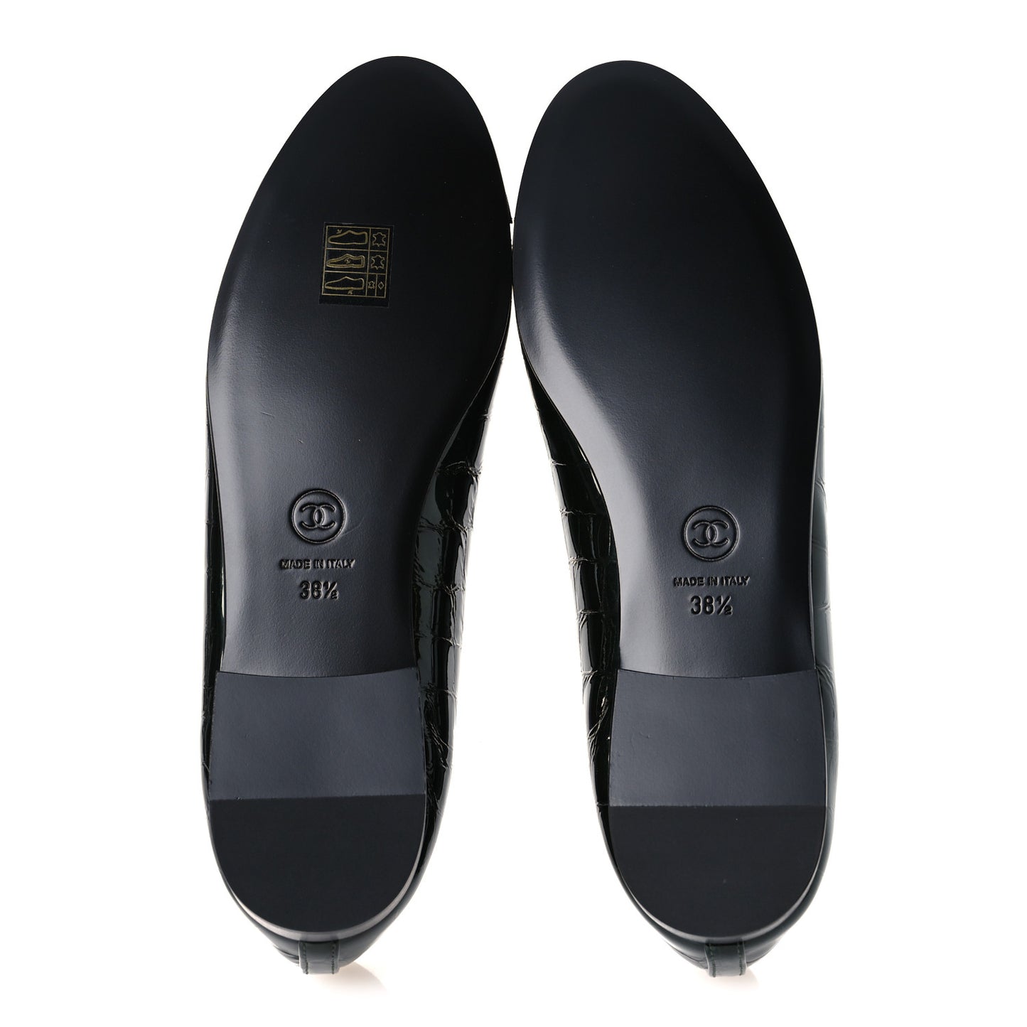 Crocodile Embossed Patent Calfskin Ballet Flats 38.5 Dark Green Black