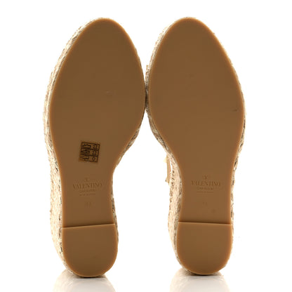 Valentino Garavani Grained Calfskin Rockstud Crisscross Ankle Strap Espadrille Wedge Sandals 41 Light Ivory 5 of 9